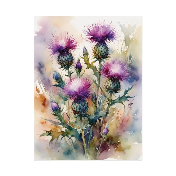 Vibrant Purple Thistle Blooms Expressive Watercolor Botanical Poster