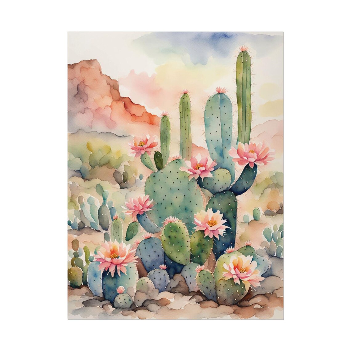Pink Blooming Cactus Watercolor Art Print