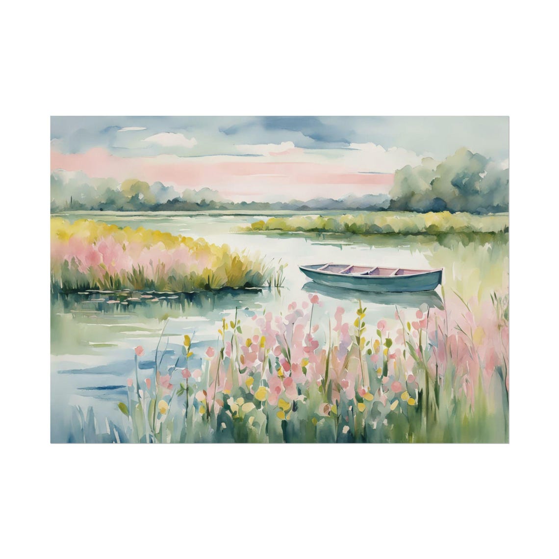 Sunset Marsh Rowboat Watercolor Wildflowers Lake Landscape Poster