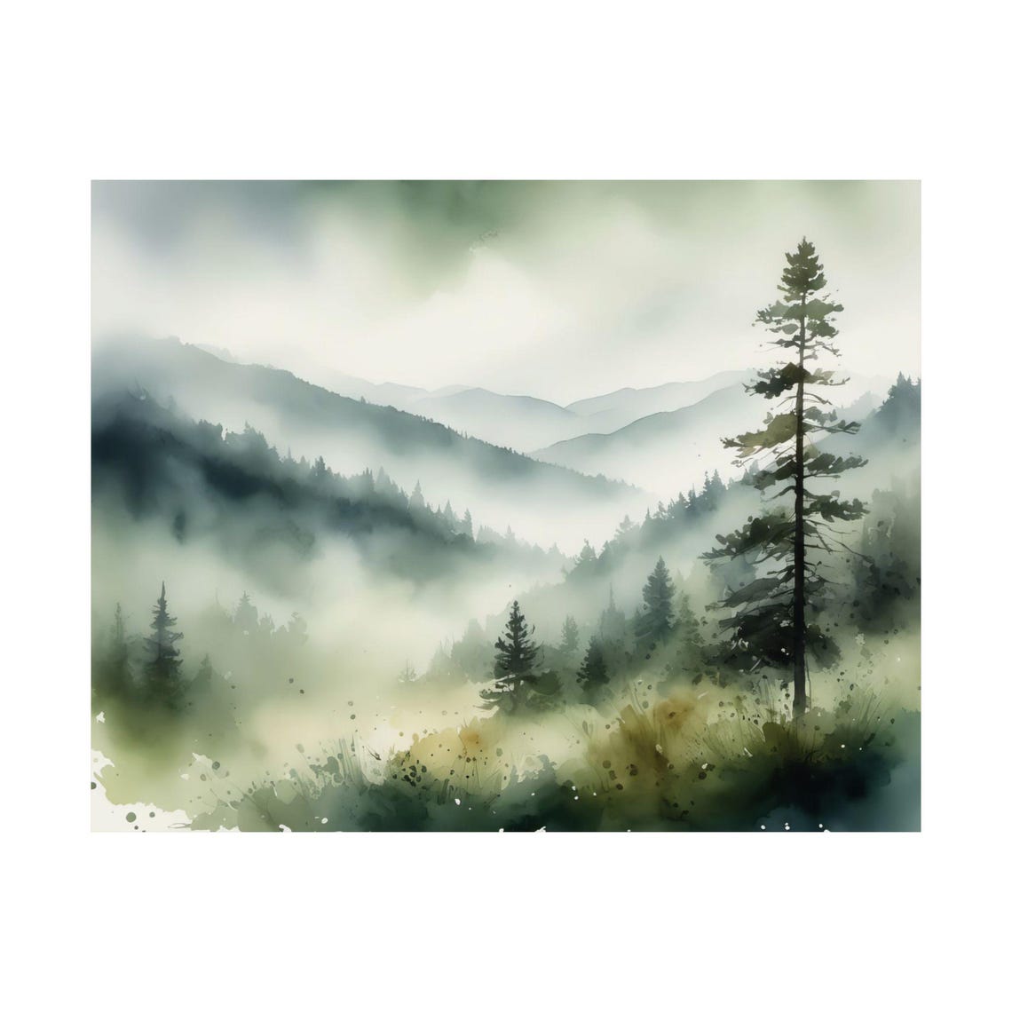 Foggy Pine Forest Misty Mountain Valley Watercolor Landscape Poster