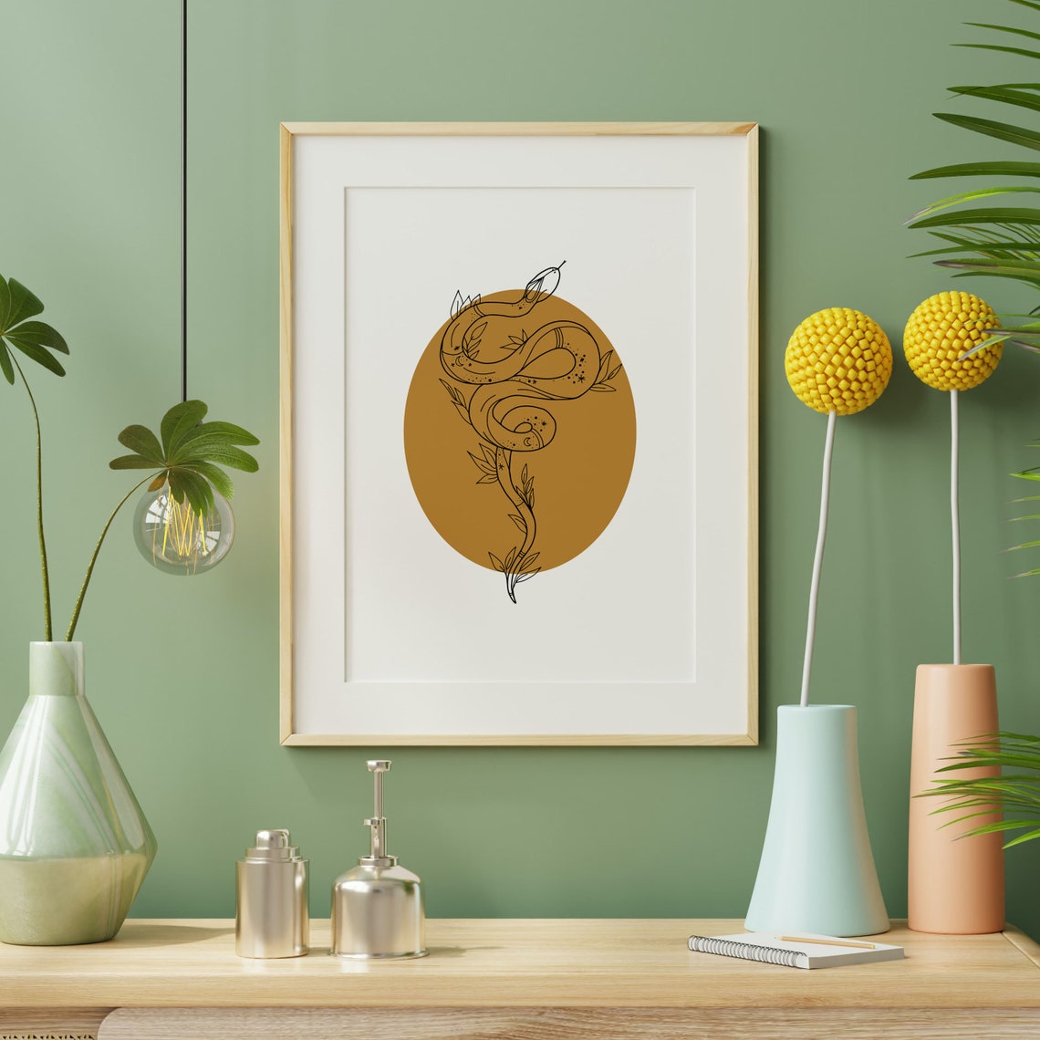 Mystical Serpent Snake Mustard Yellow Celestial Boho Wall Art - Image 2