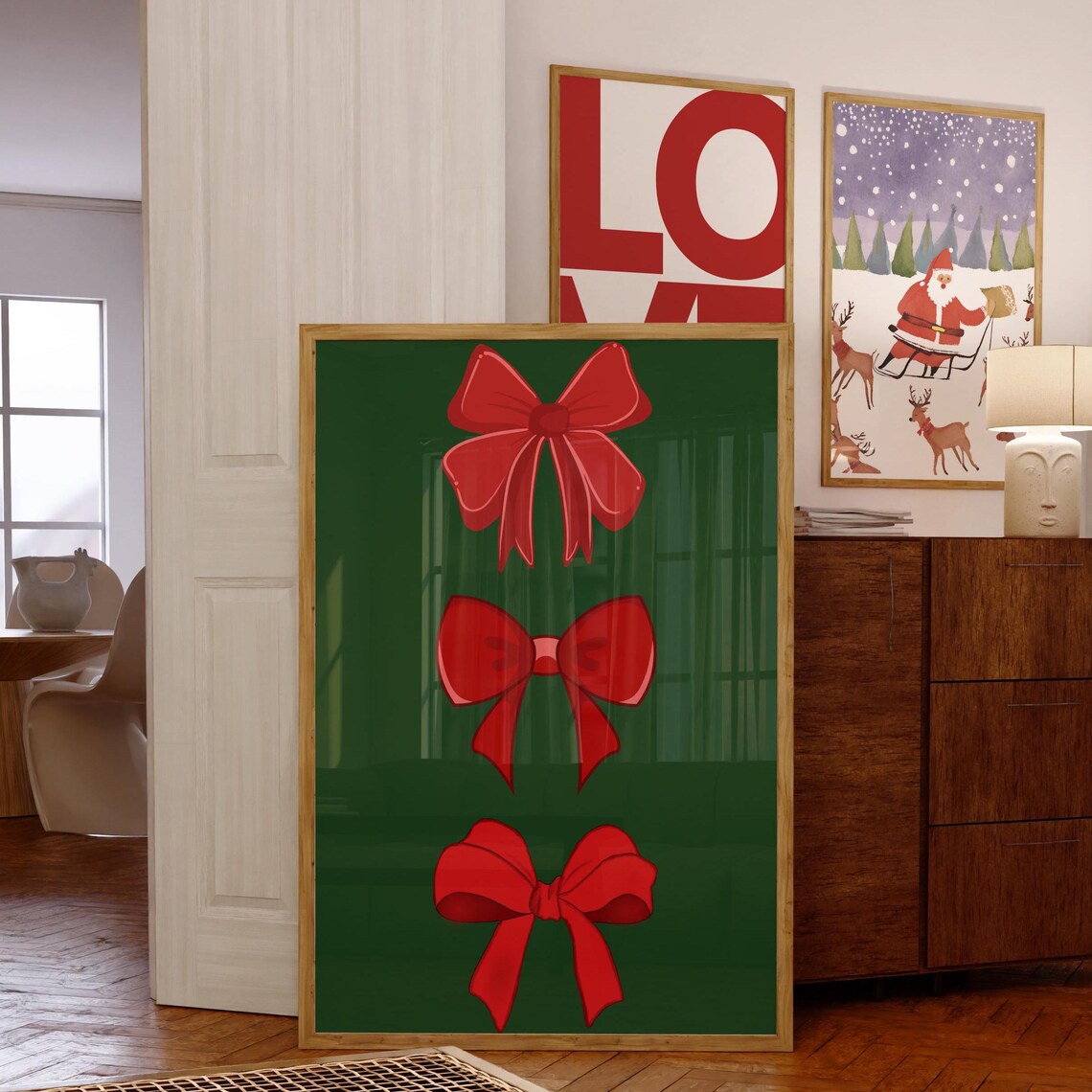 Red Christmas Bows Poster on Green Minimalist Holiday Decor Art - Image 2