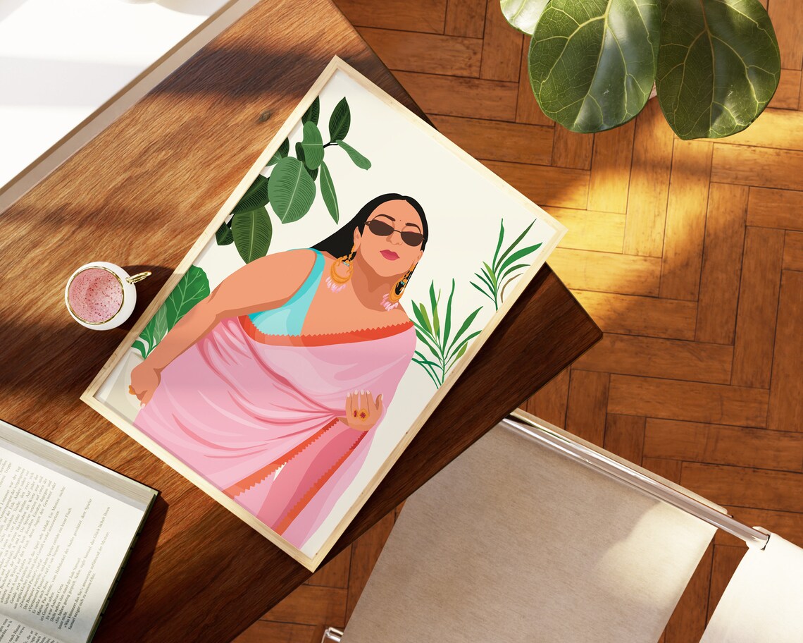 Body Positive Curvy Indian Woman in Saree Art Print - Image 4