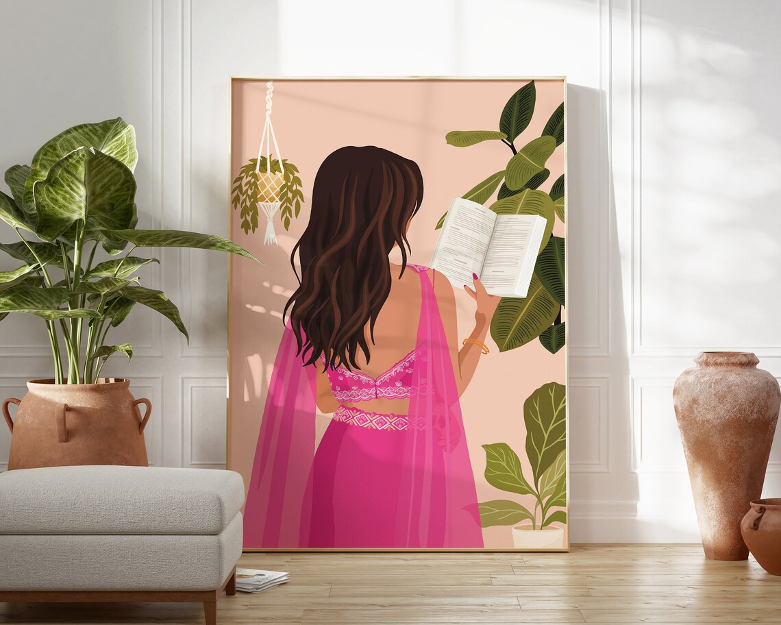 Indian Women In Saree Reading Book Art Print - Image 4