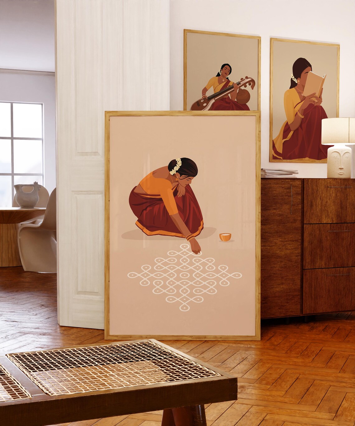 Indian Woman In Saree Creating Rangoli Art Print - Image 3