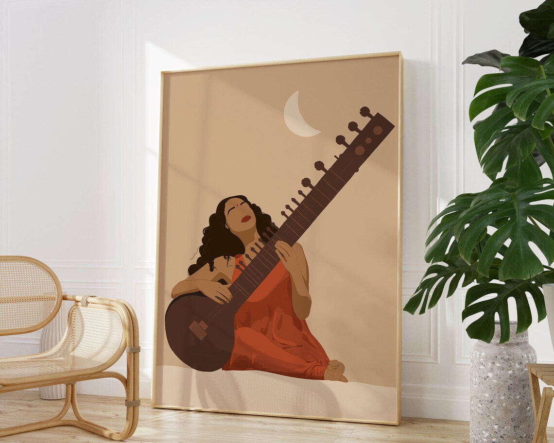 Indian Woman Playing Sitar, Indian Art Print - Image 2