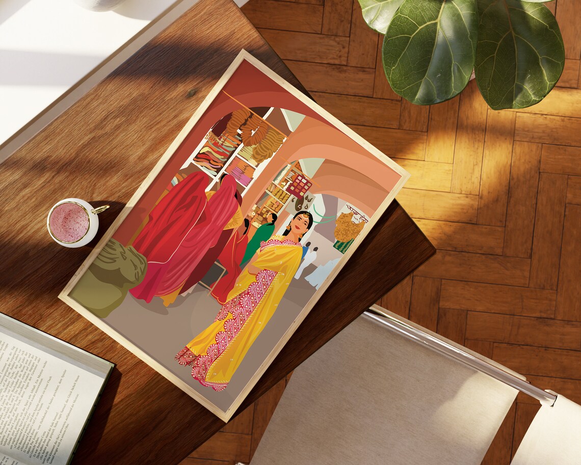 Indian Women in Jaipur Market, Retro Art Print - Image 4