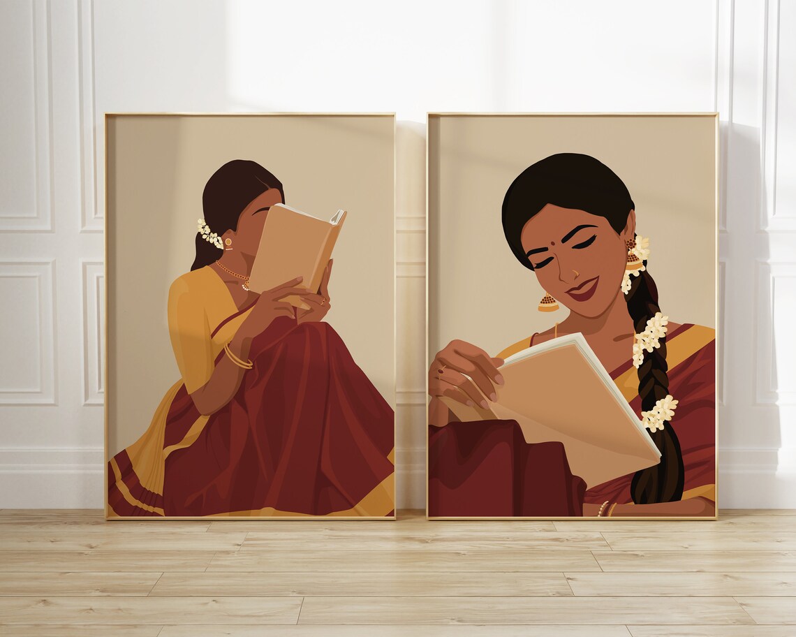 Indian Women In Saree Reading Book Art Print - Image 4