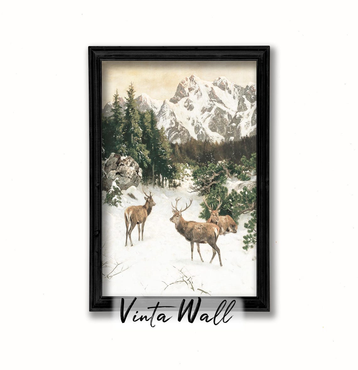 Deer Alpine Snow Forest Vintage Winter Wildlife Landscape Poster - Image 2