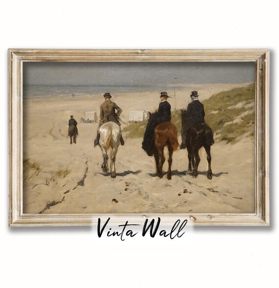 Horse Riders on Sandy Beach Dunes Sea and Top Hats Vintage Equestrian Poster