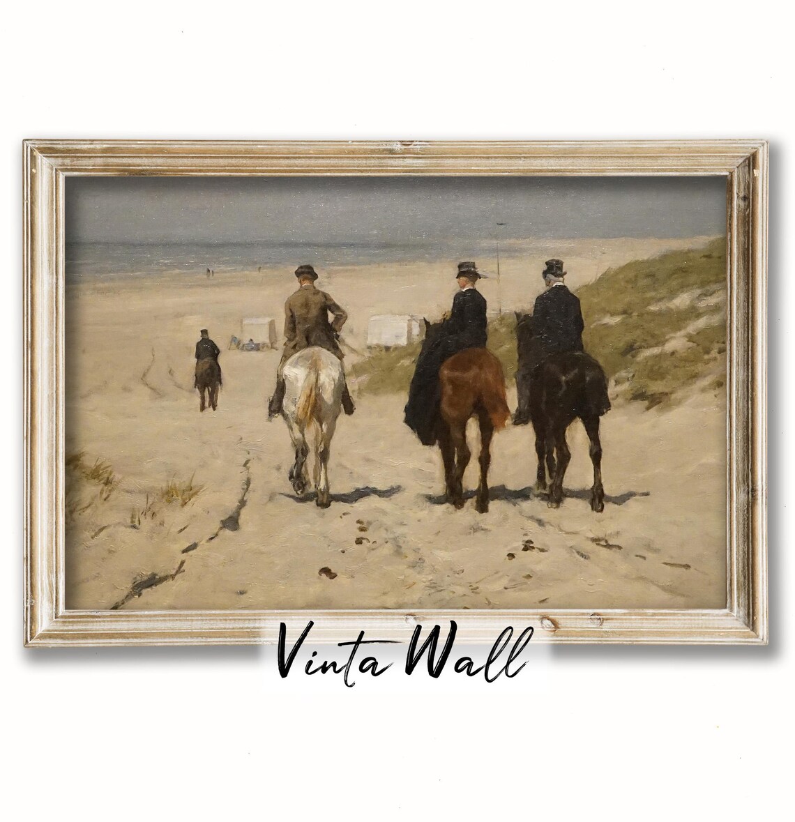 Horse Riders on Sandy Beach Dunes Sea and Top Hats Vintage Equestrian Poster