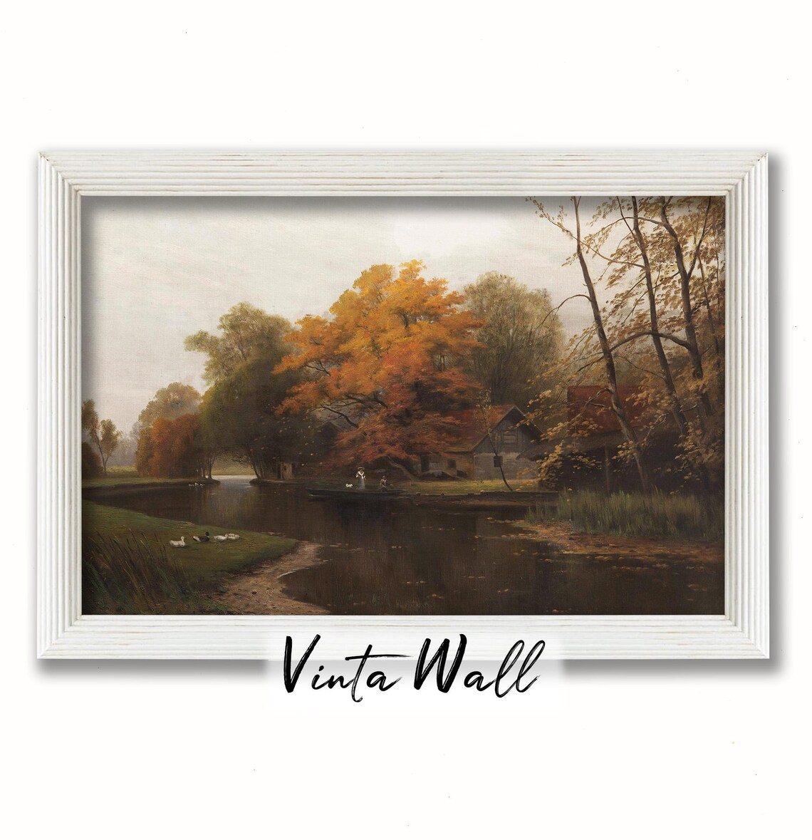 Autumn Pond With Fiery Orange Tree Cottage and Ducks Vintage Landscape Poster - Image 4