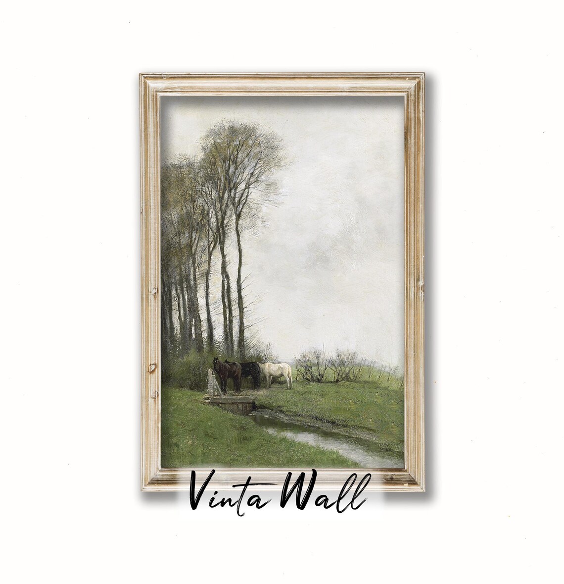 Horses Watering Stream Tall Poplar Trees Vintage Pastoral Poster