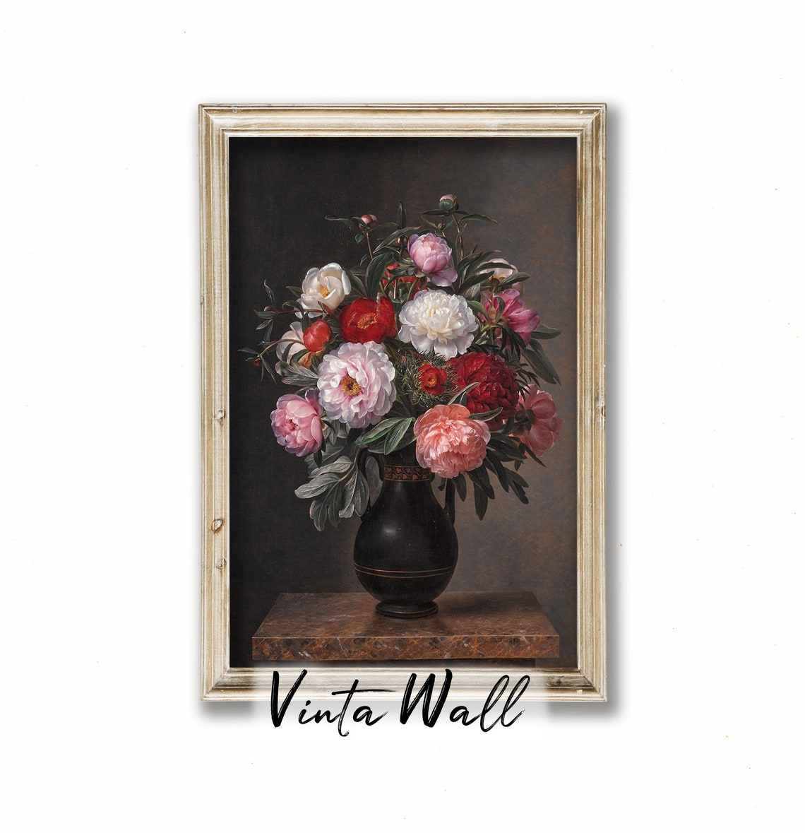 Peony Flower Print Still Life Oil Painting Dark Accademia Black Floral Vintage Art Pink Botanical Moody Home Wall Decor Farmhouse