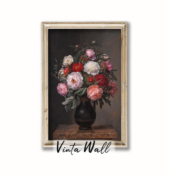 Peony Flower Print Still Life Oil Painting Dark Accademia Black Floral Vintage Art Pink Botanical Moody Home Wall Decor Farmhouse