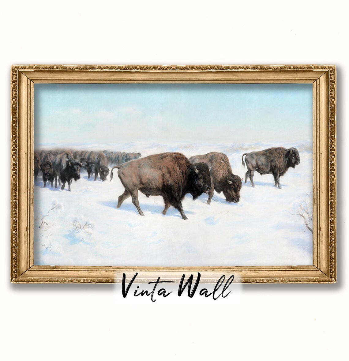 Bison Herd Snowy Prairie Vintage Wildlife Oil Painting Winter Poster - Image 3