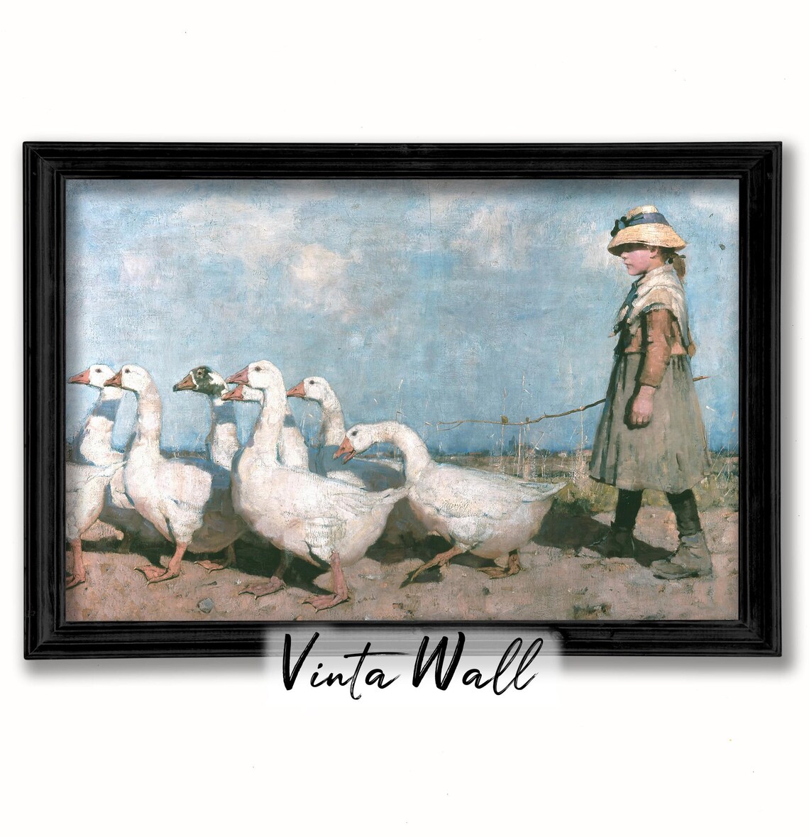 Goose Girl Leading White Geese Vintage Pastoral Painting Art Print - Image 2