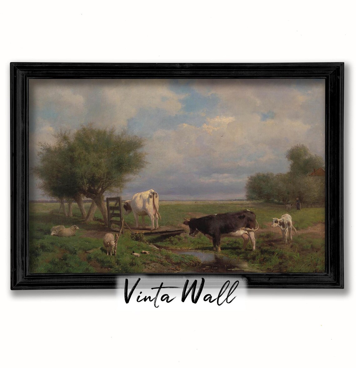 Cows and Calf Drinking at Pasture Stream Vintage Farm Animal Oil Painting Poster - Image 2
