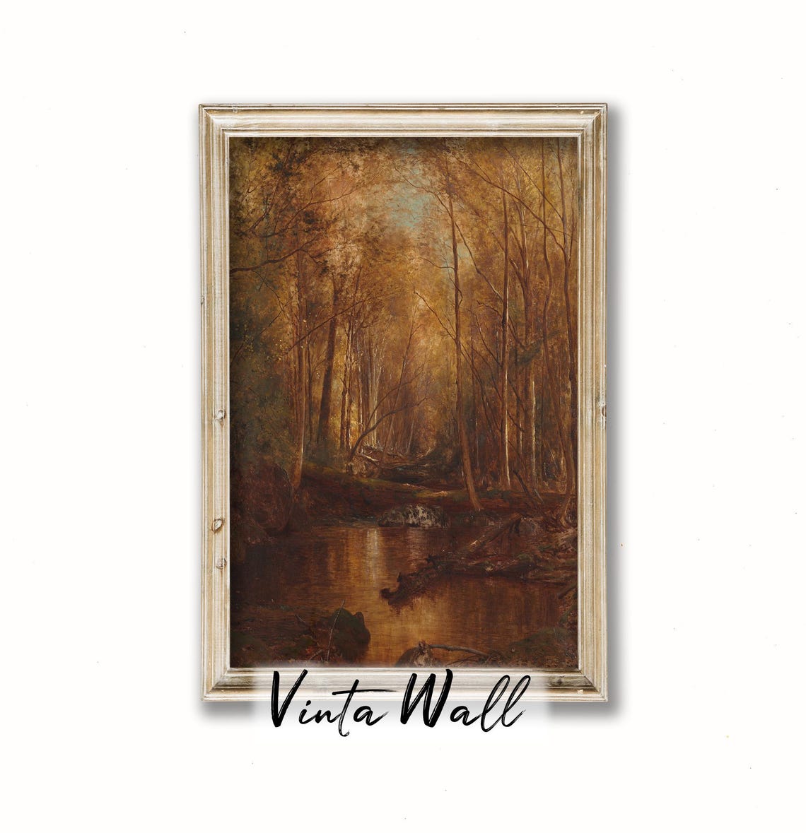 Autumn Forest Stream Vintage Oil Painting Moody Woodland Poster