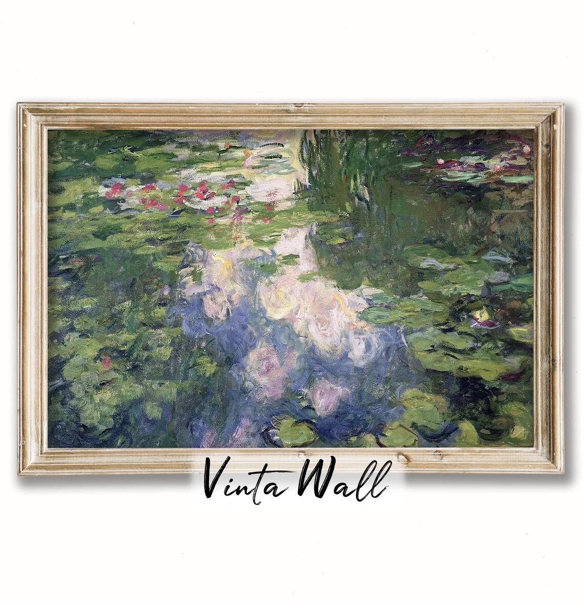 Oil Painting Lake Flower Water Lily Vintage Landscape Print Art Country Lake River Warm Tones Rustic Home Wall Decor Antique Green