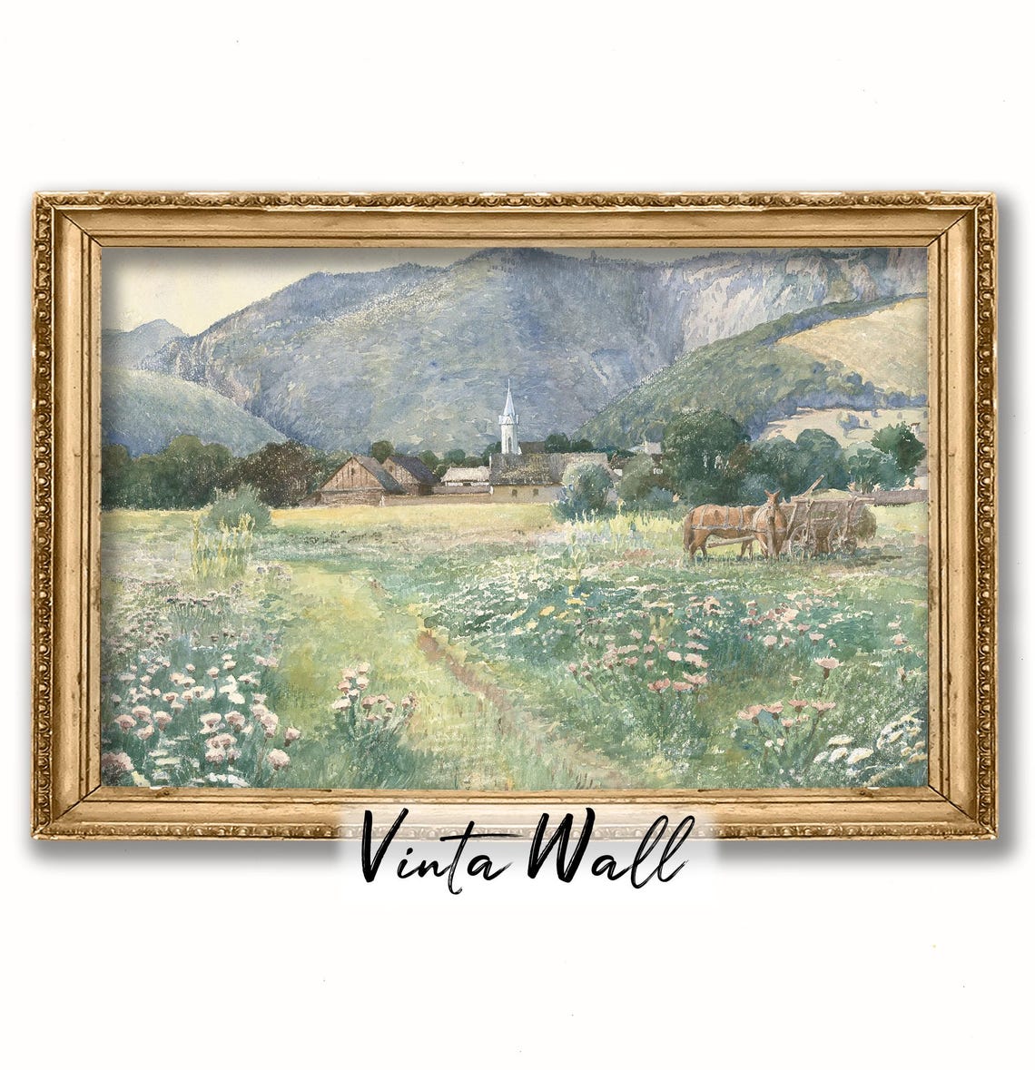 Flower Field Oil Painting Print Farmhouse Meadow Muted Colours Vintage Horse Art Village Church Warm Tones Home Wall Decor - Image 4