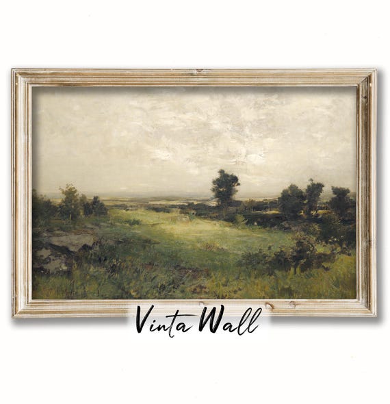 Dark Academia Green Hills Print Field Trees Oil Painting Farmhouse Meadow Vintage Scenery Art Tones Home Wall Decor Landscape