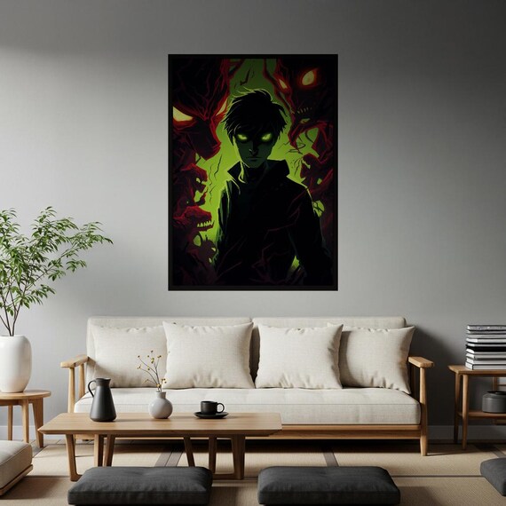 Dark Awakening Anime Demon Red Fantasy Glowing Green Eyes Poster