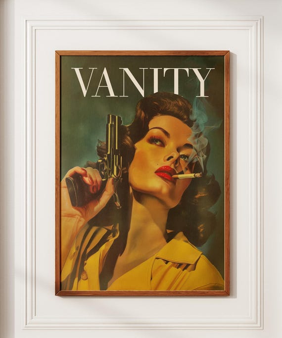 Vanity Poster Vintage Woman With A Gun Poster Retro Woman Smoking A Cigarette Wall Art Home Decor Eclectic Wall Art Funny Retro Wall Decor