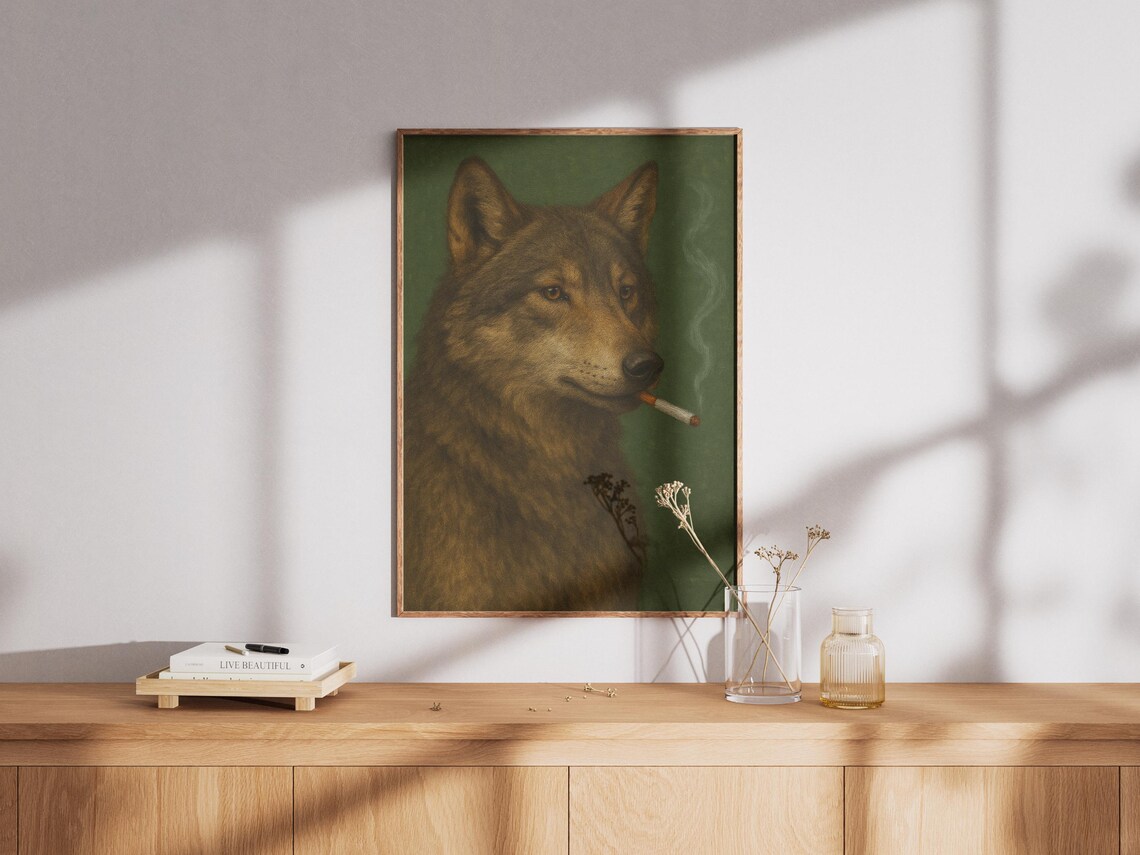 Gray Wolf Smoking a Cigarette on Olive Green Vintage Art Poster - Image 2