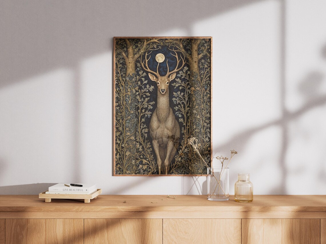 Moonlit Whitetail Deer Poster in William Morris Botanical Forest Style - Image 2