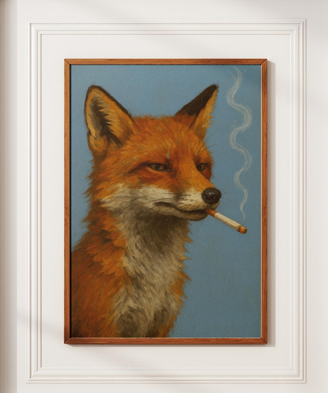 Red Fox Smoking a Cigarette on Dusty Blue Vintage Portrait Poster