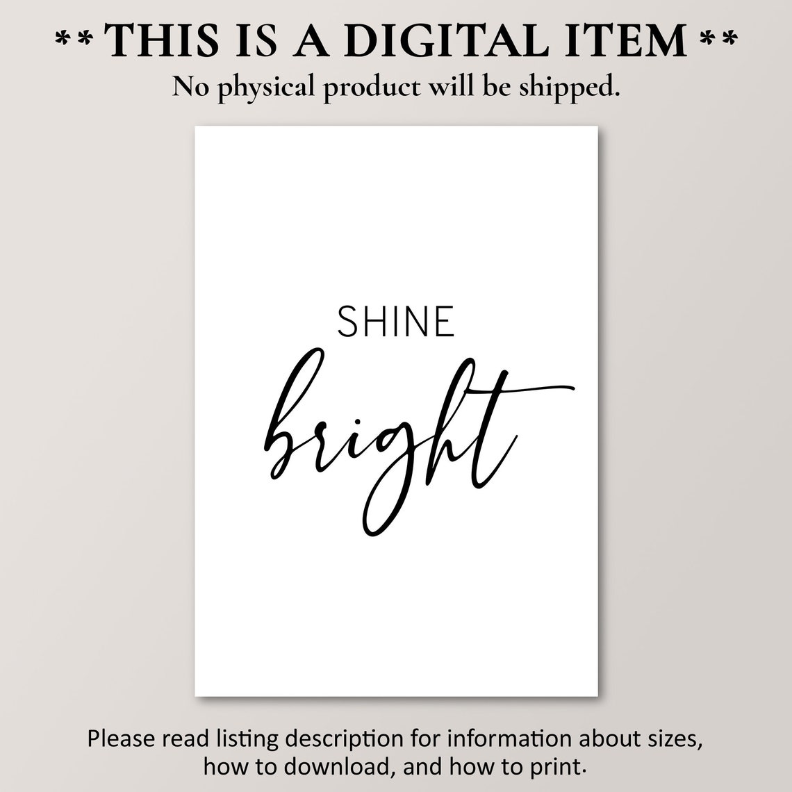Shine Bright White Script Minimalist Motivational Quote Wall Print - Image 2