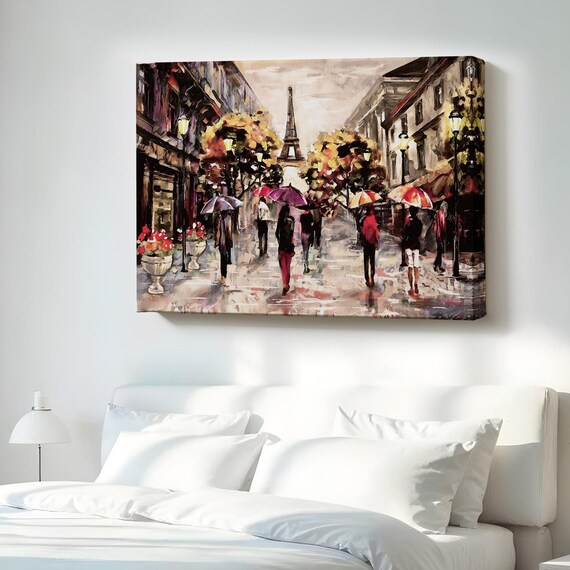 Paris Eiffel Tower Rainy Street Oil Painting Romantic Canvas Wall Art