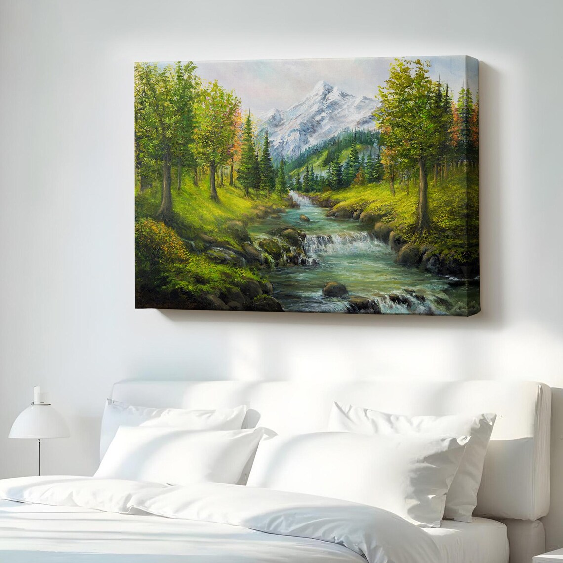 Snowy Mountain Stream Forest Landscape Oil Painting Nature Decor Poster