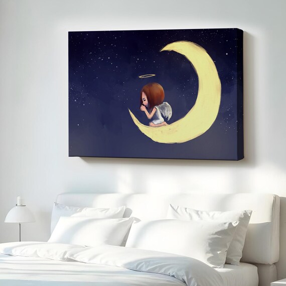 Angel Girl Praying On The Moon Canvas Wall Art Framed Abstract Modern Decor Housewarming Gifts Large