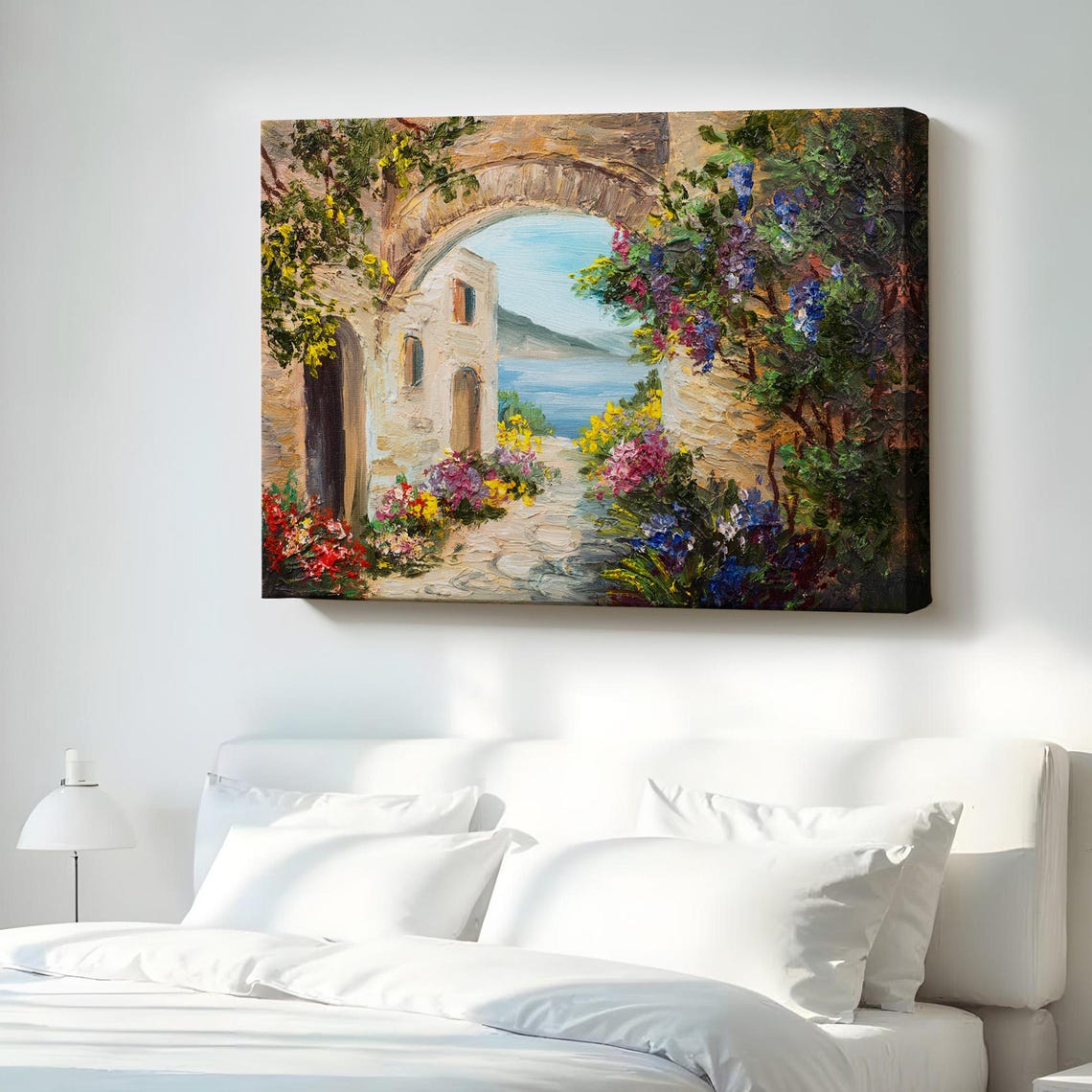 Mediterranean Archway With Blooming Flowers Coastal View Print