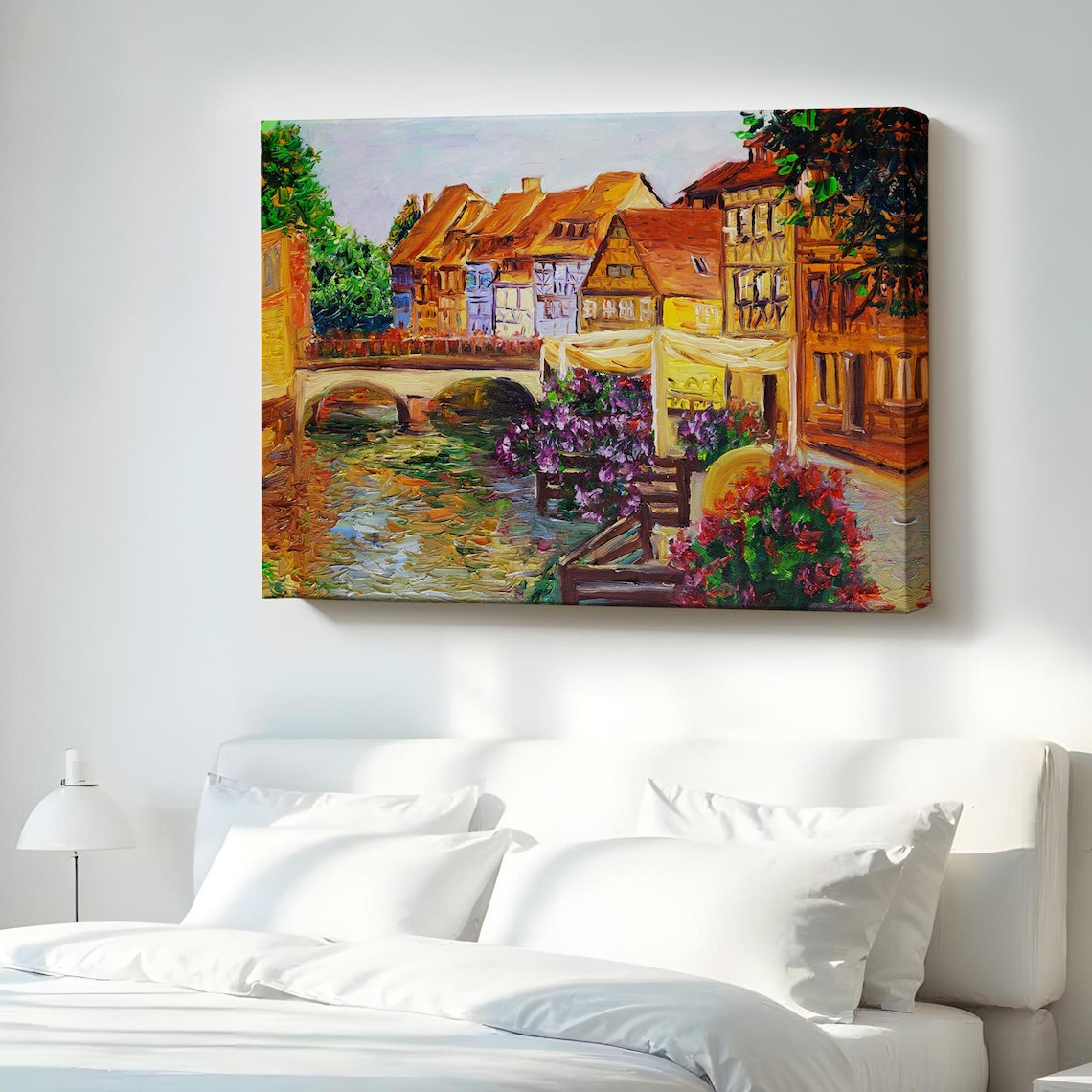 European Canal Town Stone Bridge Flowers Impressionist Poster Art