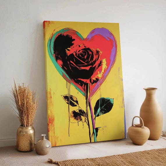 Heart Rose Canvas Wall Art Colorful Pop Flower Print Modern Bold Romantic Artwork Neon Love Decor Abstract Framed Accent