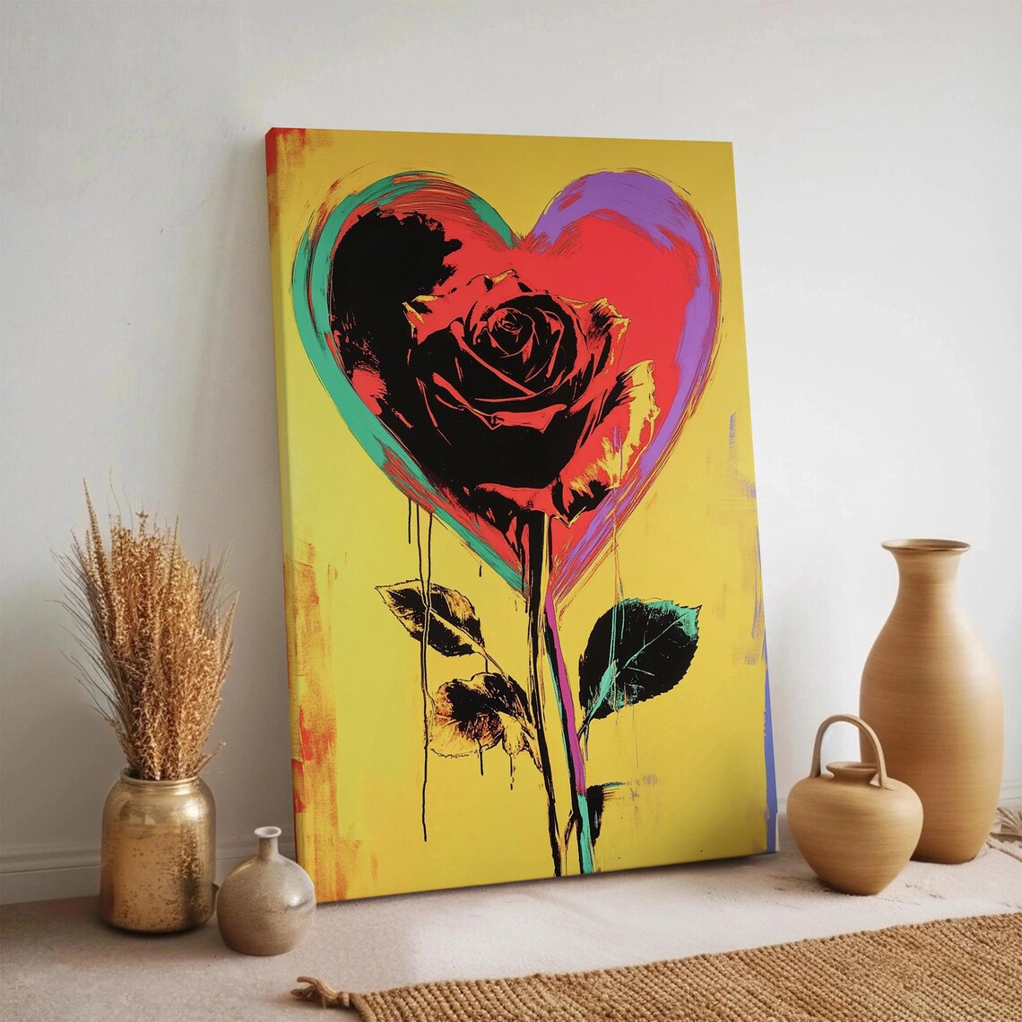Pop Art Heart Rose Neon Flower Romantic Bold Yellow Wall Poster