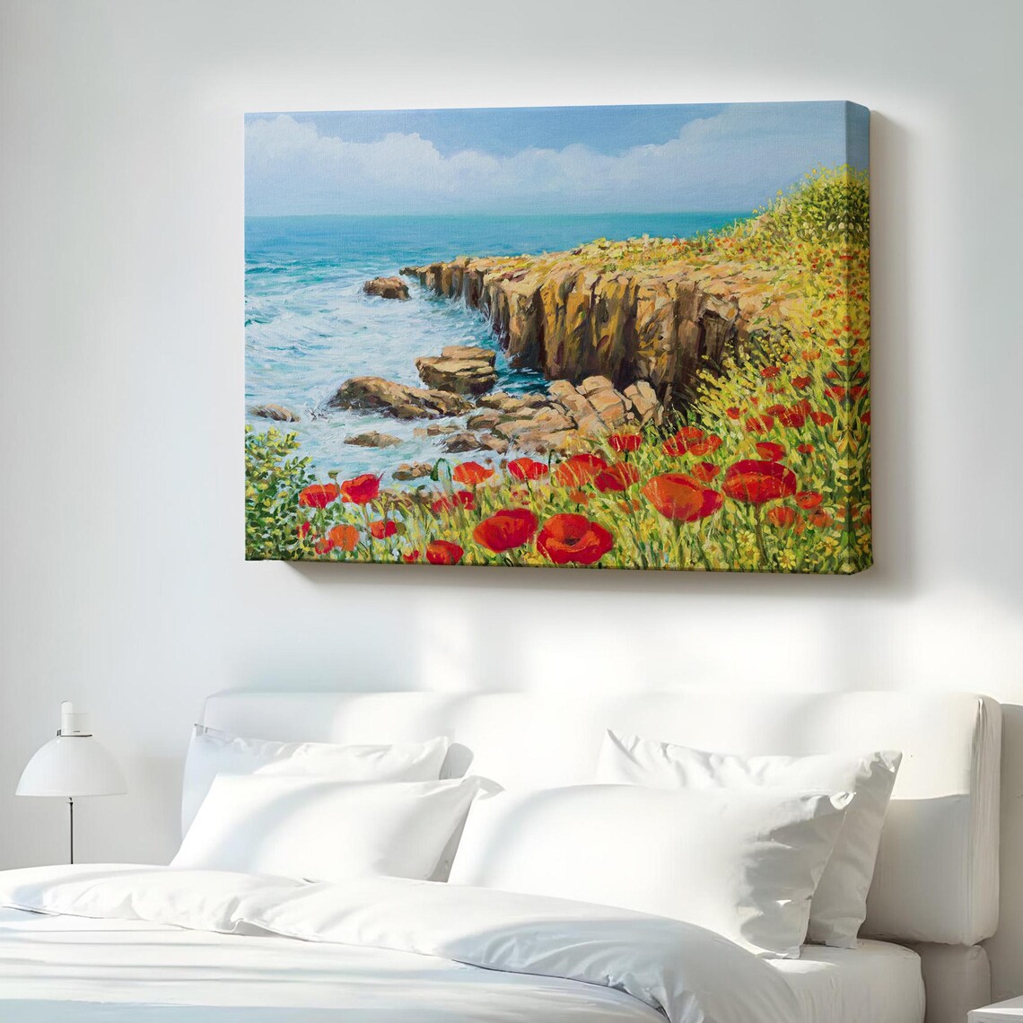 Coastal Cliff Red Poppies Oil Painting Sea View Landscape Poster