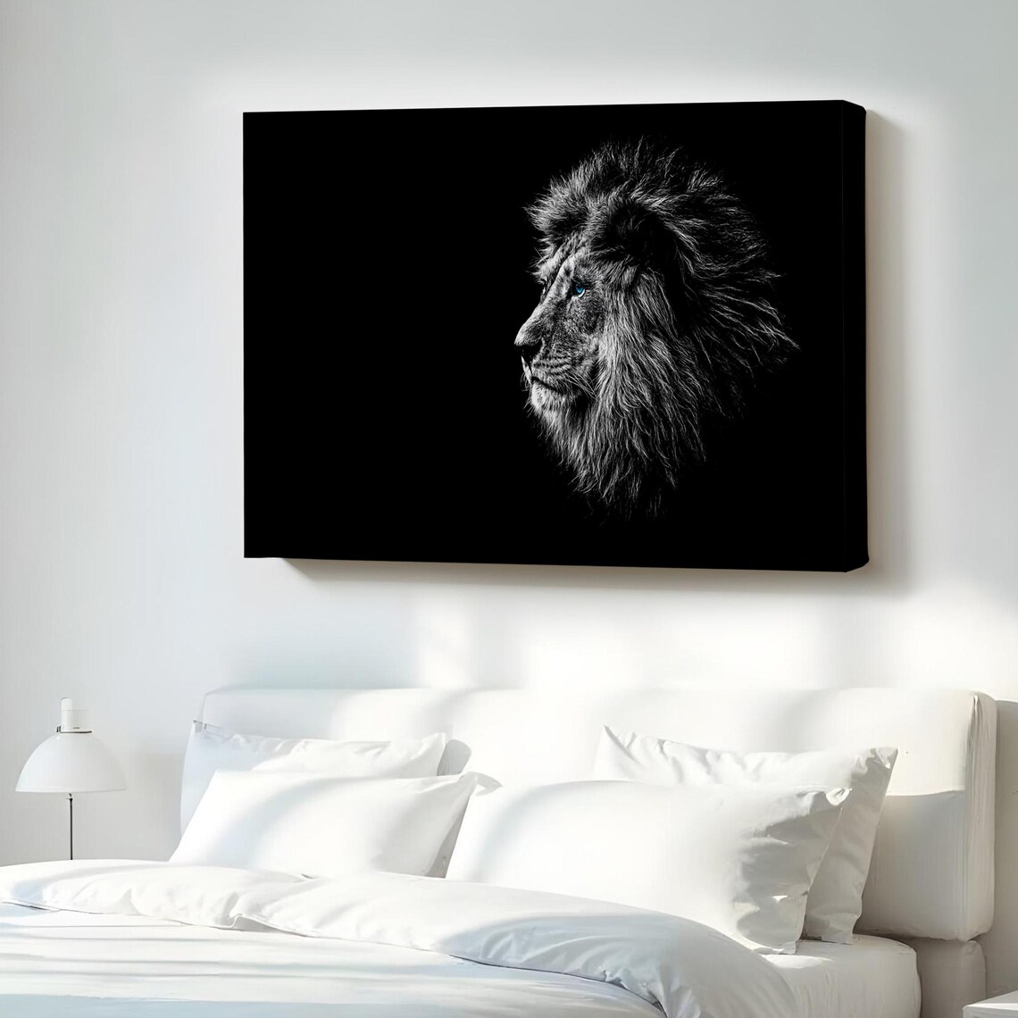 Majestic Black And White Lion Profile Portrait Canvas Wall Art