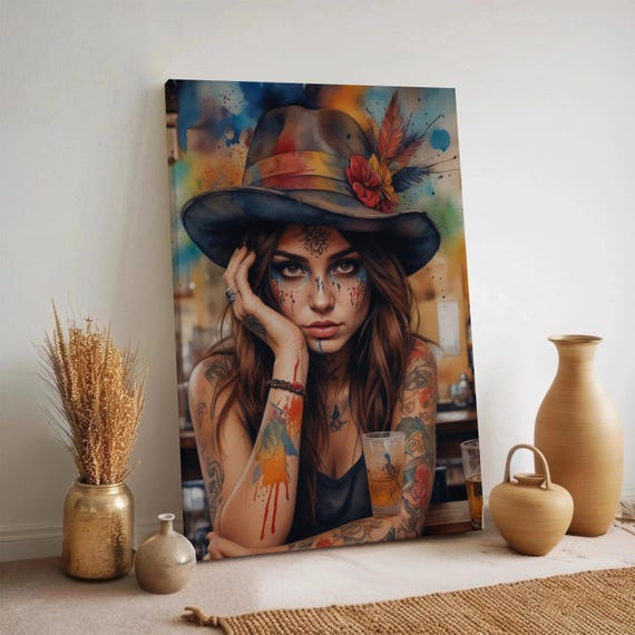 Boho Tattoo Girl Canvas Wall Art Colorful Free Spirit Portrait Print Edgy Modern Woman Artwork Framed Inked Lady Decor Large Sizes