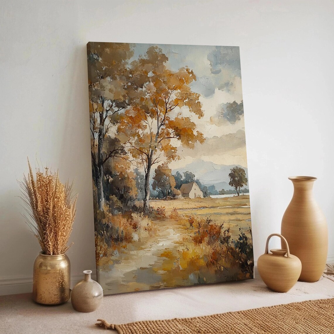 Golden Autumn Trees Cottage Meadow Landscape Painting Poster