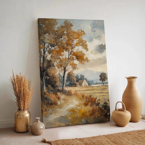 Autumn Landscape Canvas Wall Art Golden Fall Trees And Cottage Painting Warm Rustic Field Scene Print Framed Neutral Country Nature Decor