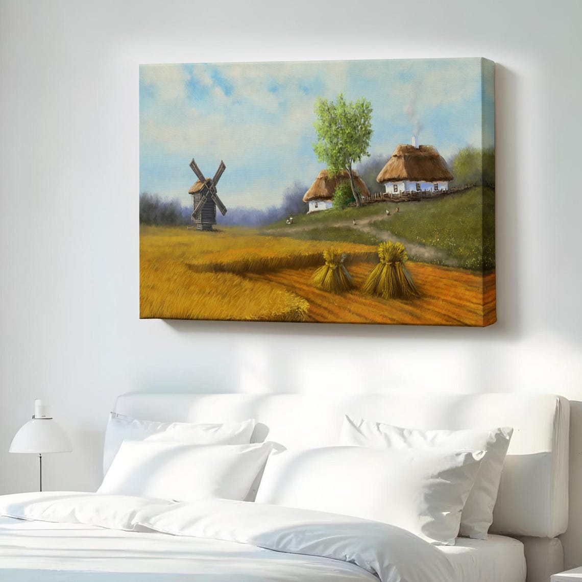 Old Village With Thatched Roofs Windmill and Golden Wheat Field Poster