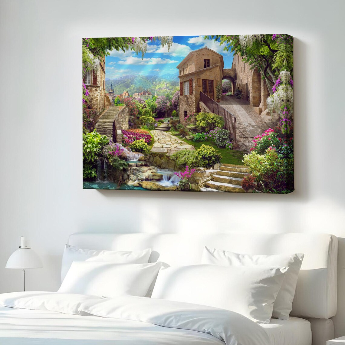 European Village Garden Stone Path Flower Oil Painting Style Poster