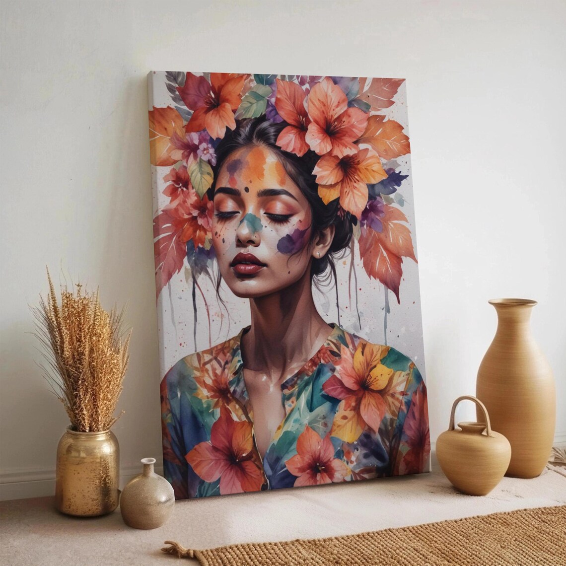 Floral Woman Portrait Watercolor Flower Crown Boho Nature Goddess Art Poster