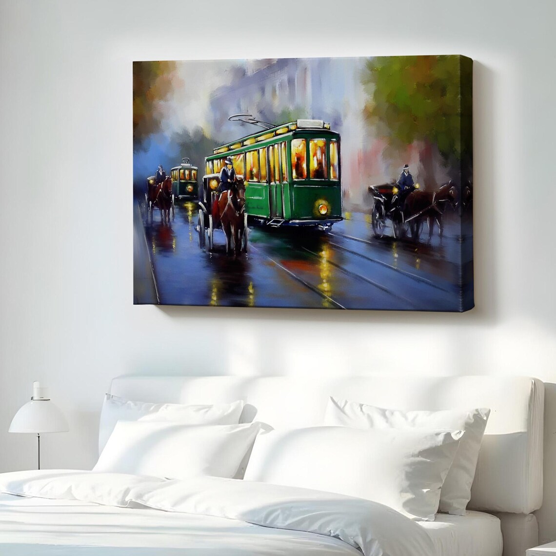 Vintage Green Tram Rainy Street Horse Carriages City Oil Painting Poster