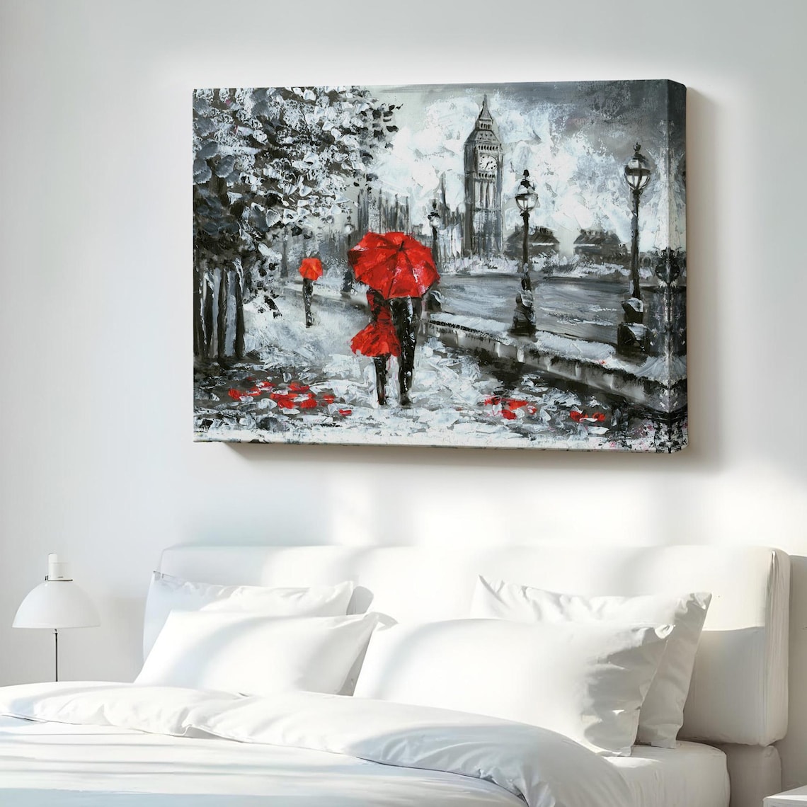 London Big Ben Red Umbrellas Rainy Street Oil Painting Style Canvas Print