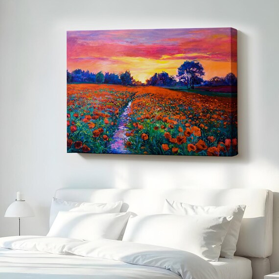 Vibrant Poppy Field Sunset Blossoms Landscape Oil Painting Poster